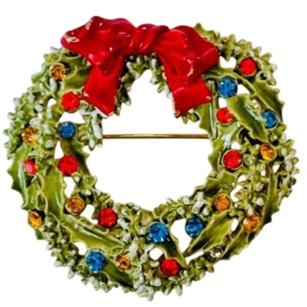 VTG Signed ART Arthur Pepper Christmas Wreath Pin Holiday Rhinestone Enamel 50s